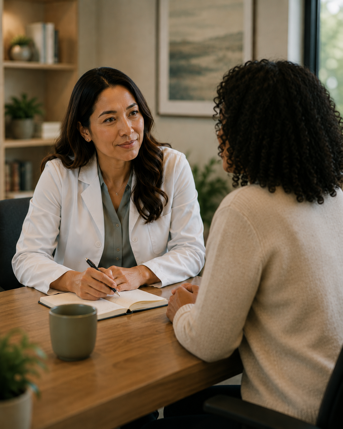 Physician in conversation with a patient at a consultation table